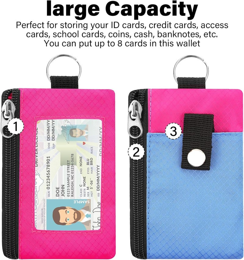 ZHOMA Minimalist RFID Blocking Wallet with Lanyard, Functional ID Case with 2 Zipper Pockets and Key Chain for Men and Women, Tactical Badge Pouch Cards Holder, Coin Purse for Travel Sports-Rose - Image 3